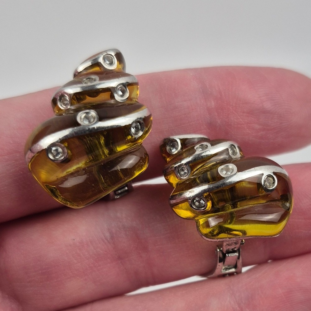 Vtg 925 Sterling Clip Post Earrings 1" Carved Resin Acrylic Modernist Signed‎